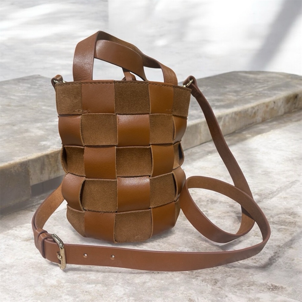 J. Crew Woven Leather and Suede Small Bucket Bag in Burnished Pecan